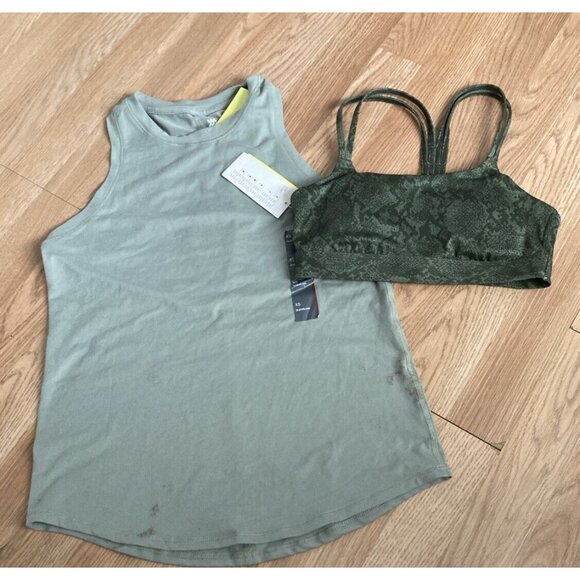 All In Motion XS Green Snake Print Strappy Sports Bra & Essential Tank Top Lot - Picture 1 of 10